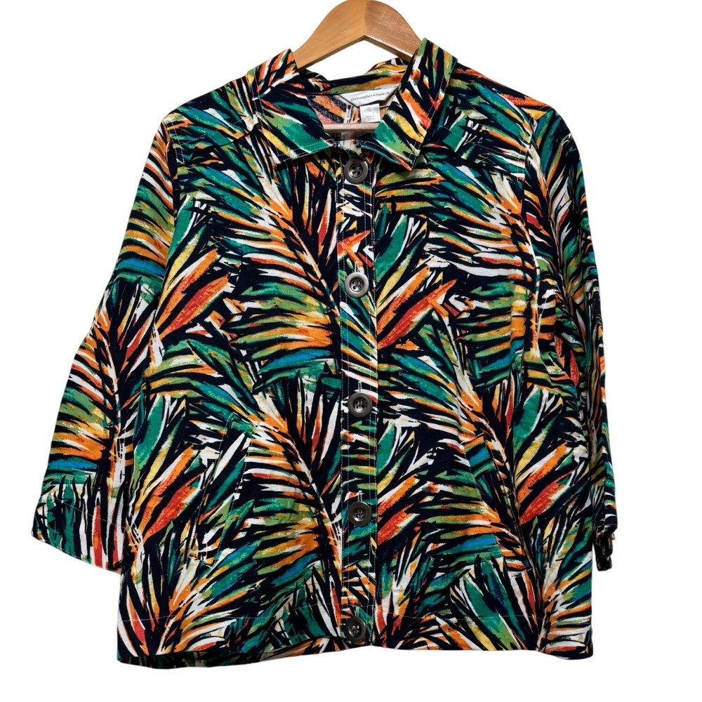 Christopher Banks Womens Linen Blend Jacket Large Multicolor Palm Leaf Tropical